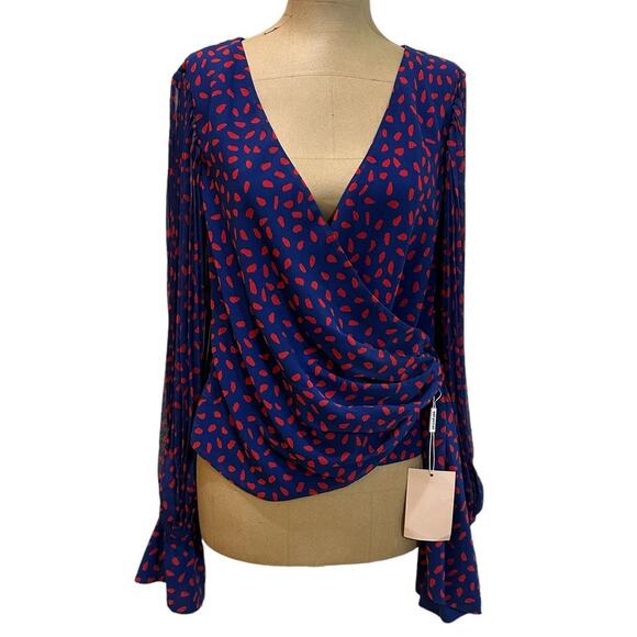 Self-Portrait Blouse Blue Pattern Chiffon Sheer Long Sleeve Wrap New - Picture 5 of 8